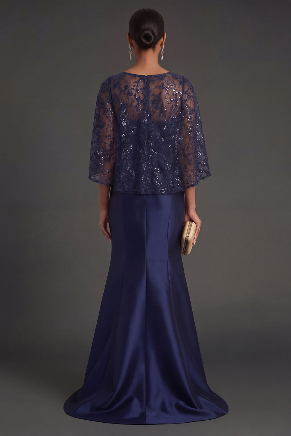 Navy Floral Satin Mermaid Round Neck Appliqued Long Formal Dress