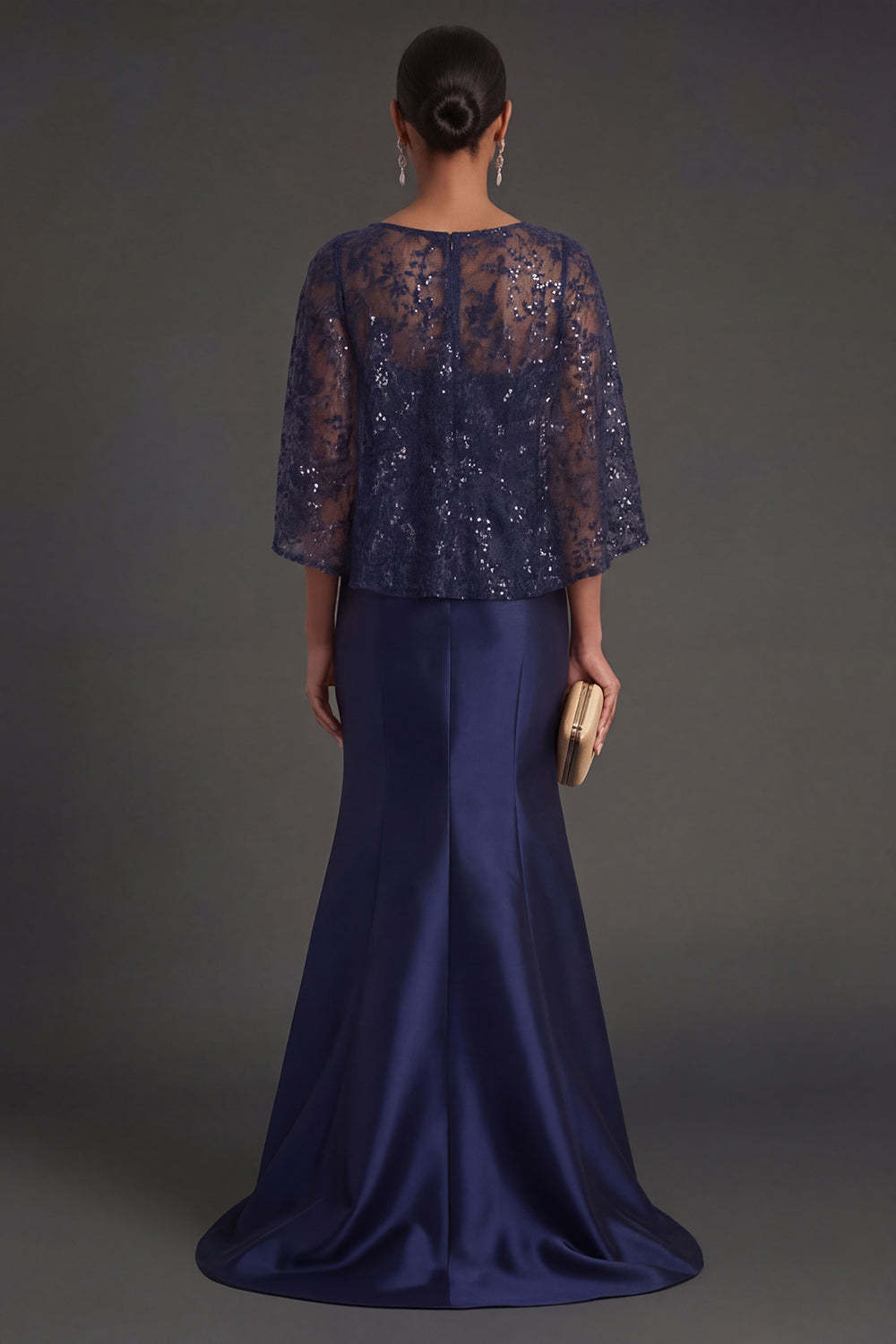 Navy Floral Satin Mermaid Round Neck Appliqued Long Formal Dress