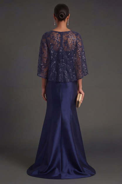Navy Floral Satin Mermaid Round Neck Appliqued Long Formal Dress