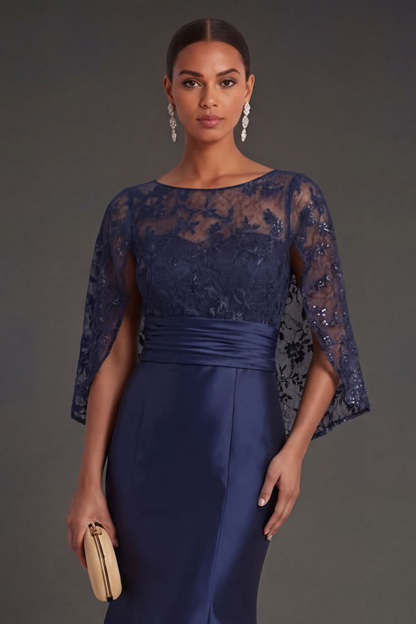 Navy Floral Satin Mermaid Round Neck Appliqued Long Formal Dress