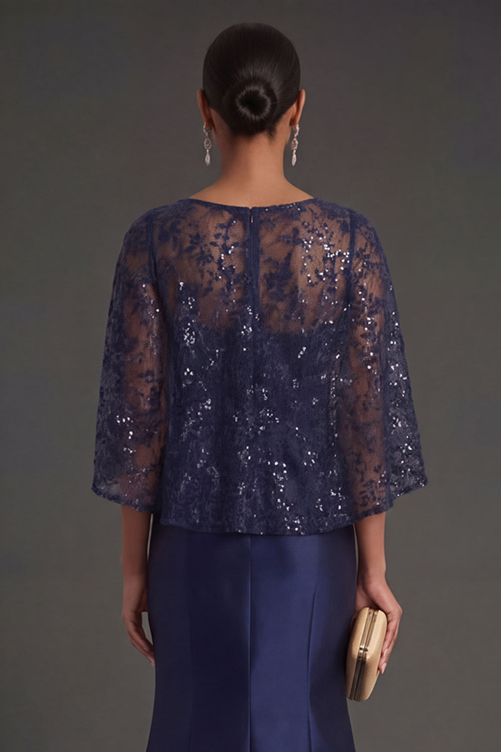 Navy Floral Satin Mermaid Round Neck Appliqued Long Formal Dress