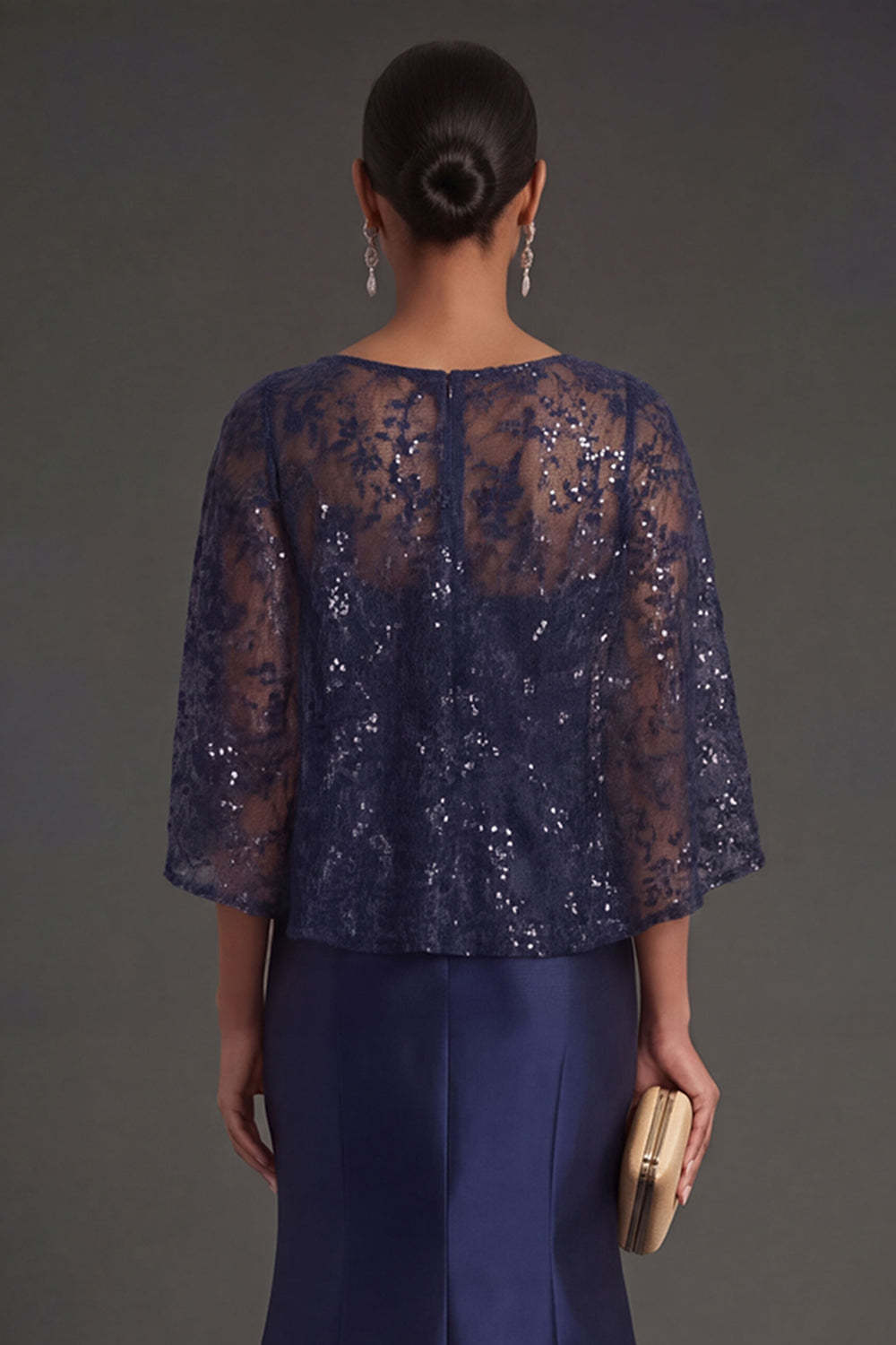 Navy Floral Satin Mermaid Round Neck Appliqued Long Formal Dress