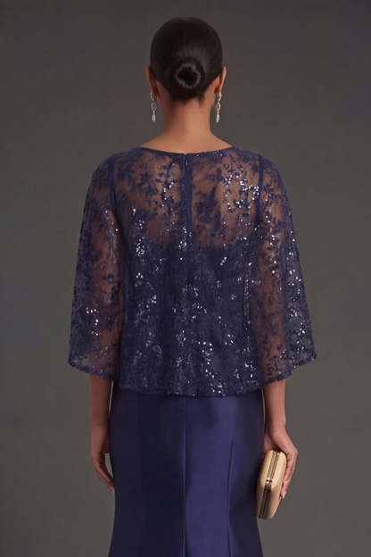 Navy Floral Satin Mermaid Round Neck Appliqued Long Formal Dress