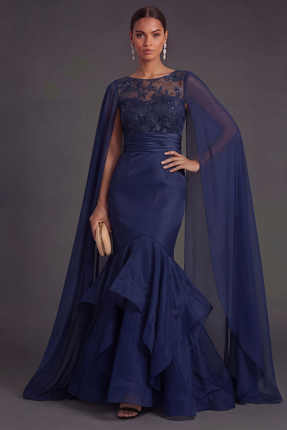 Leely Women Navy Floral Ruffled Mermaid Long Formal Dress with Cape Round Neck Appliqued Evening Dress
