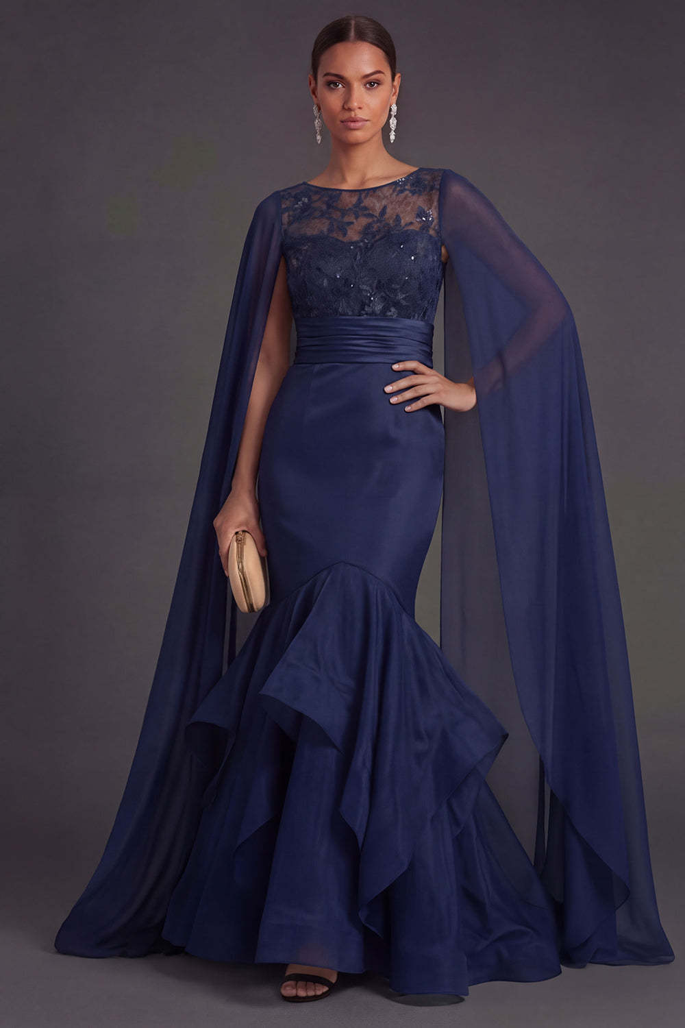 Leely Women Navy Floral Ruffled Mermaid Long Formal Dress with Cape Round Neck Appliqued Evening Dress