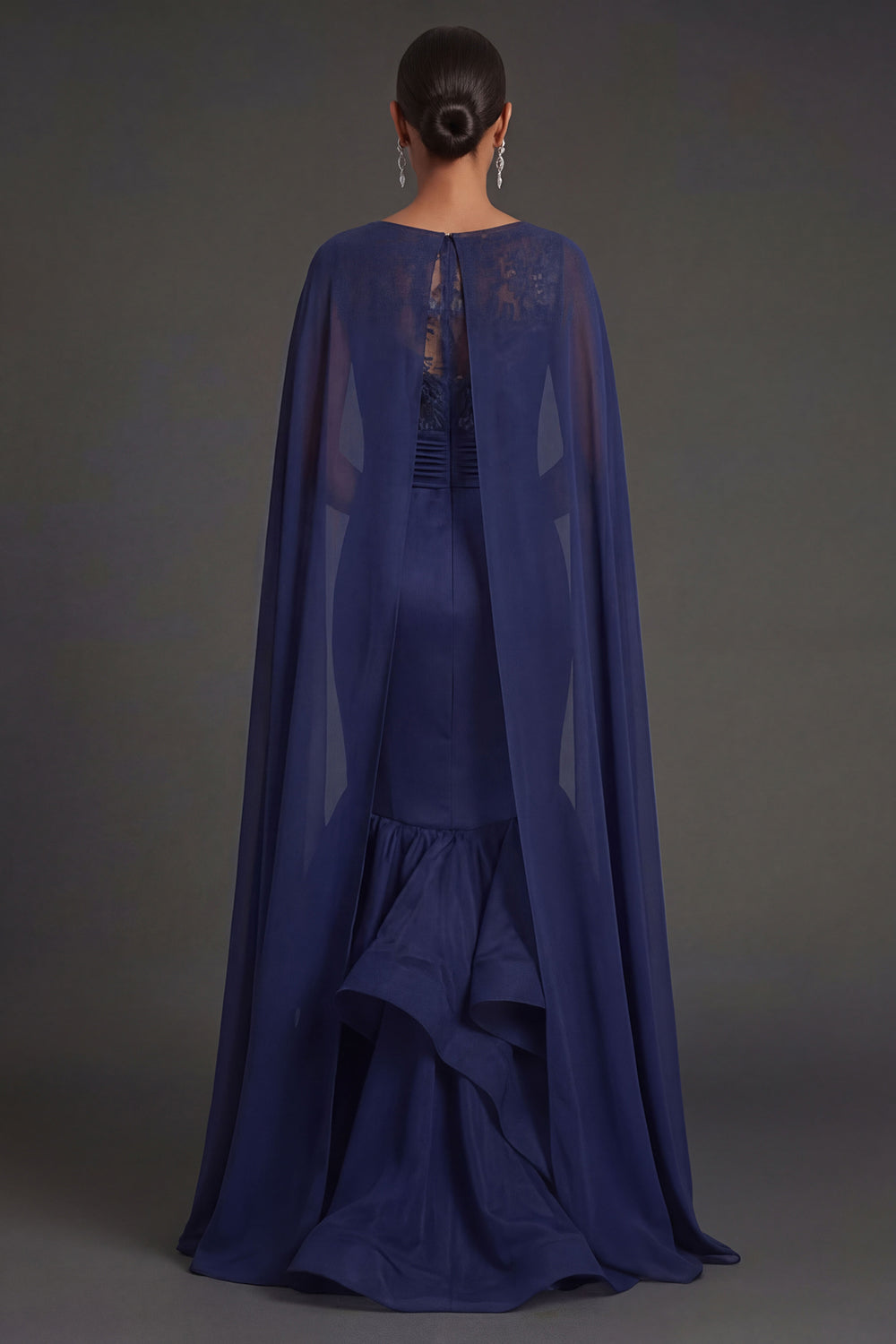 Navy Floral Ruffled Mermaid Round Neck Appliqued Long Formal Dress