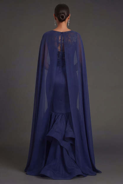 Navy Floral Ruffled Mermaid Round Neck Appliqued Long Formal Dress