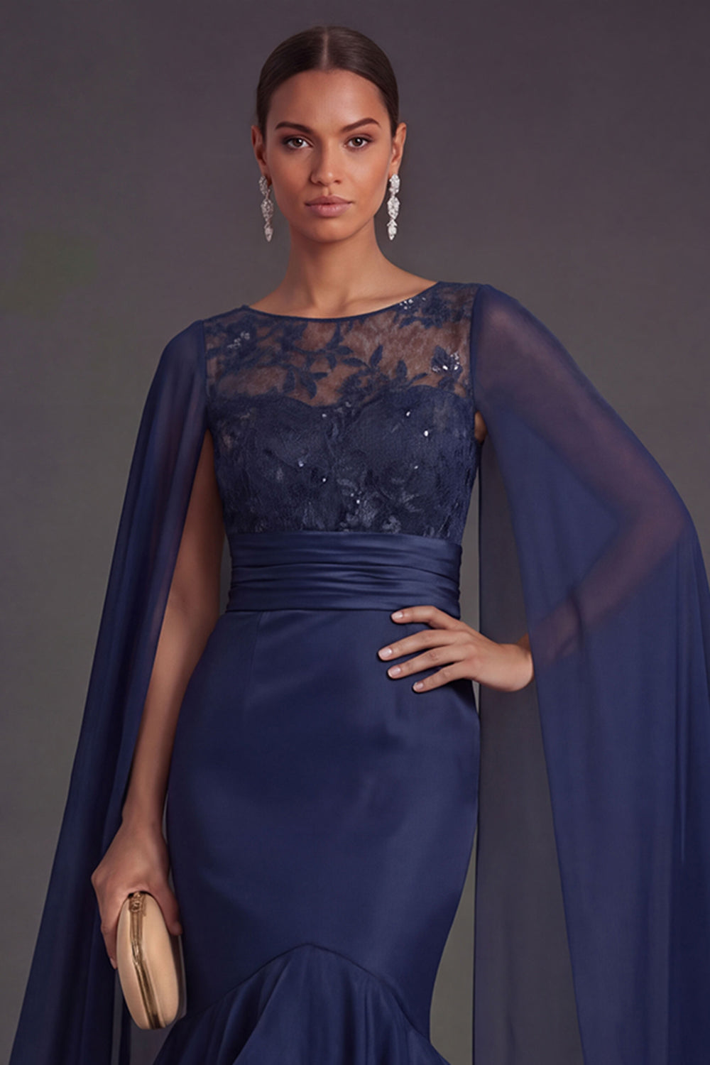 Navy Floral Ruffled Mermaid Round Neck Appliqued Long Formal Dress