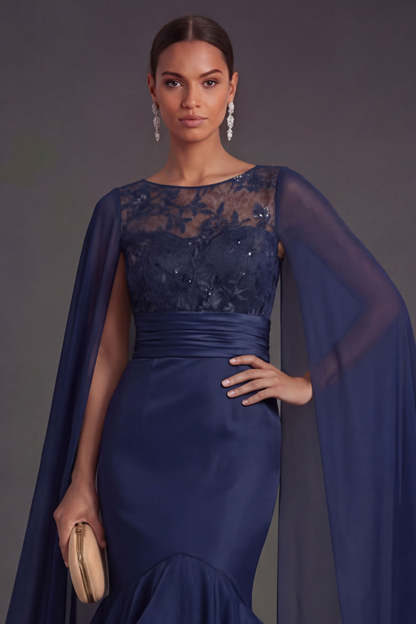 Navy Floral Ruffled Mermaid Round Neck Appliqued Long Formal Dress