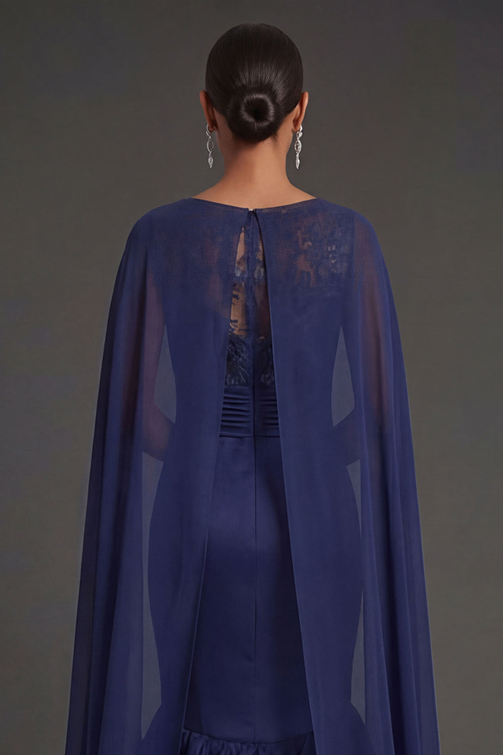 Navy Floral Ruffled Mermaid Round Neck Appliqued Long Formal Dress