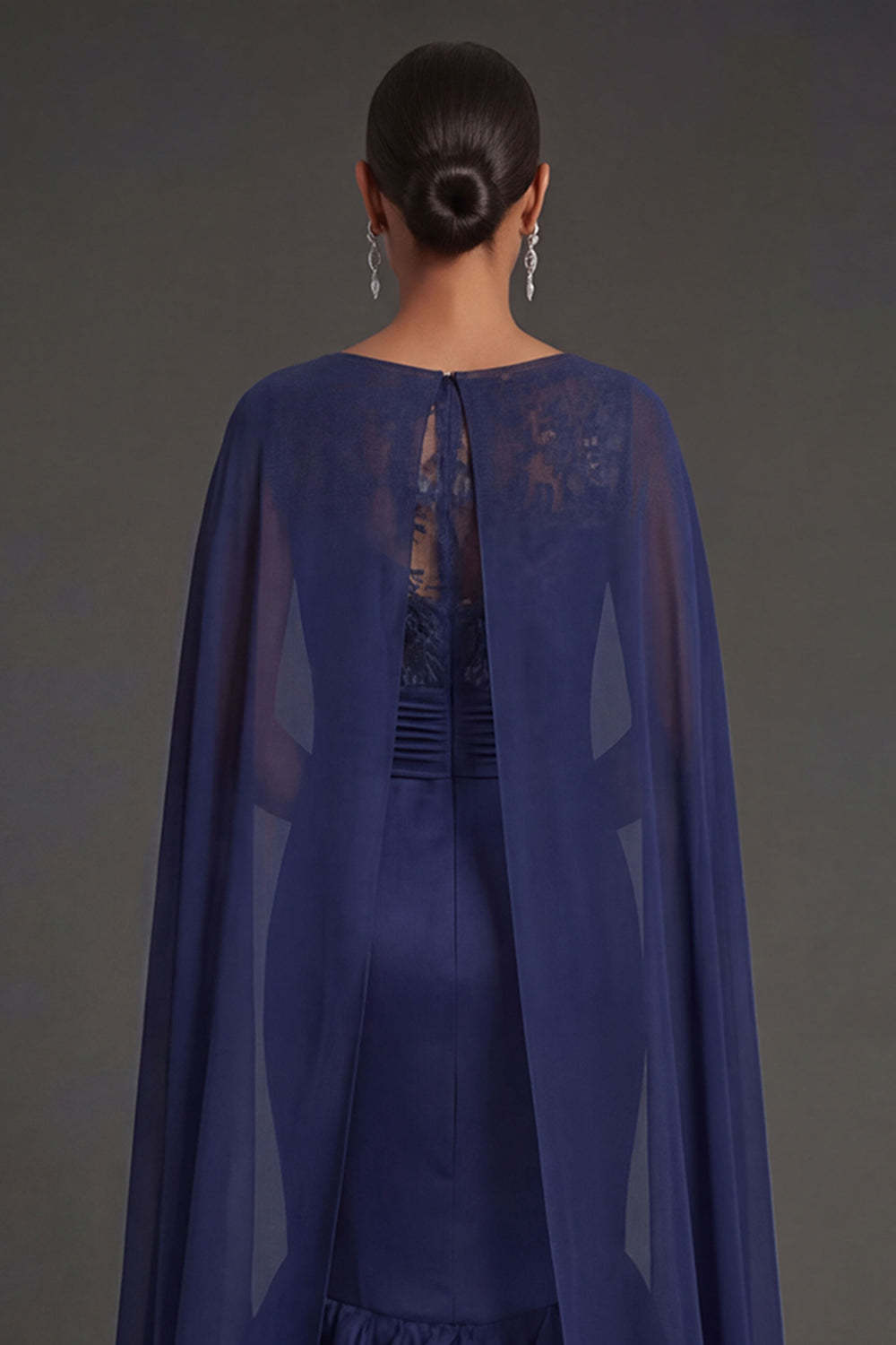 Navy Floral Ruffled Mermaid Round Neck Appliqued Long Formal Dress