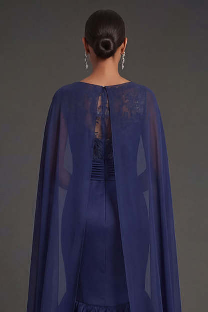 Navy Floral Ruffled Mermaid Round Neck Appliqued Long Formal Dress