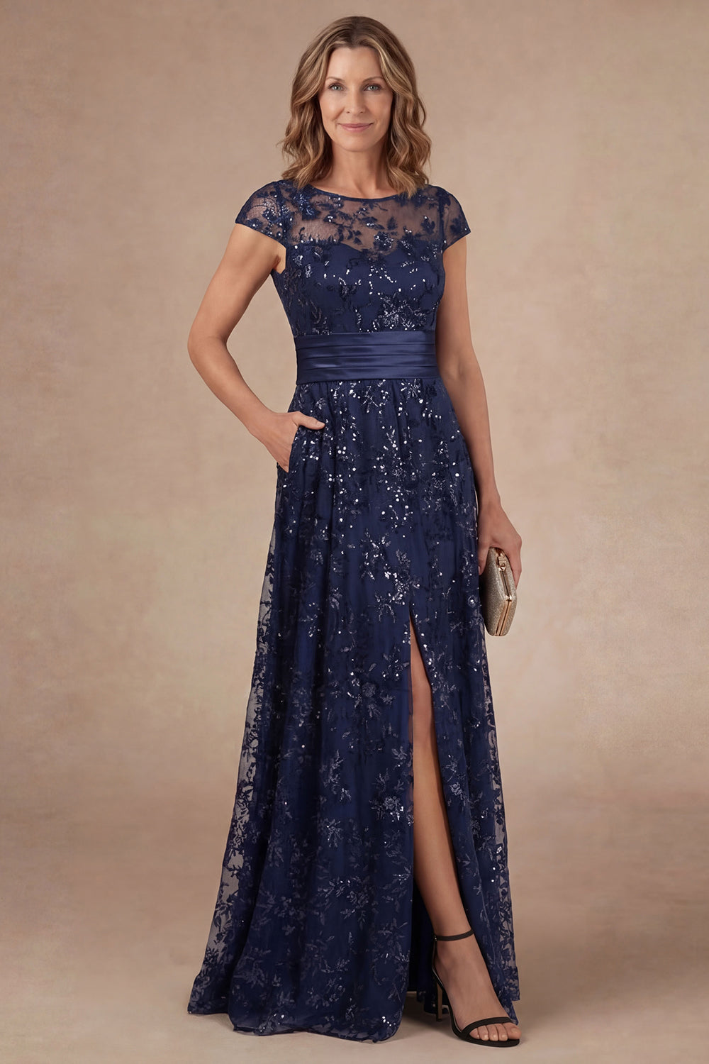 Navy Floral Appliqued Sparkly Sequined A Line Mother of the Bride Dress with Slit