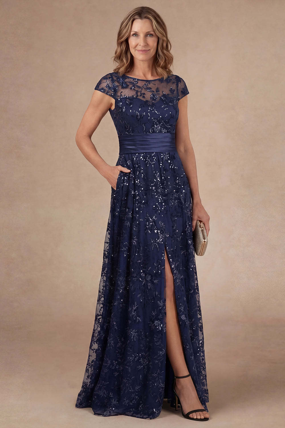 Leely Women Navy Floral Sparkly Sequined A Line Mother of the Bride Dress with Slit Appliqued Short Sleeves Wedding Guest Dress