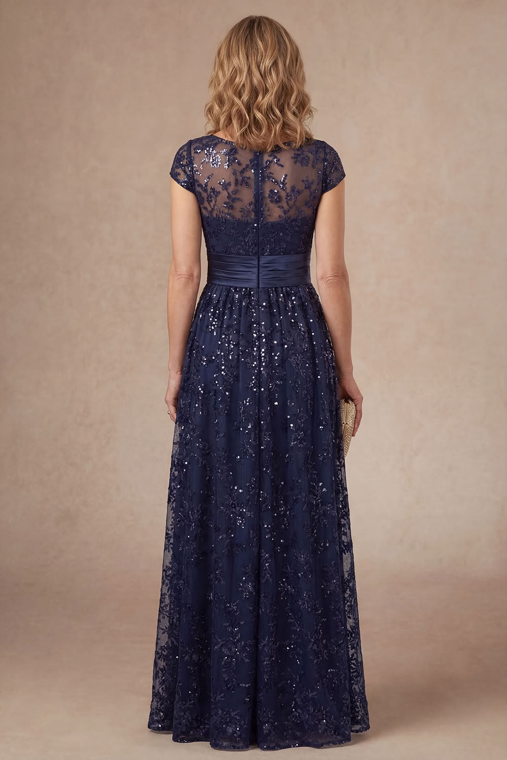 Navy Floral Appliqued Sparkly Sequined A Line Mother of the Bride Dress with Slit