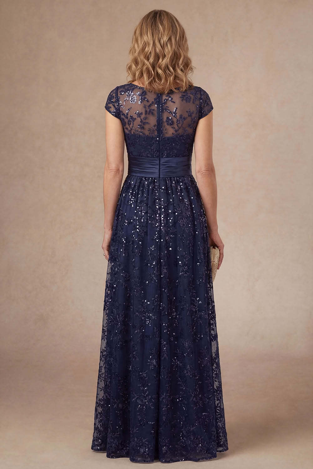 Navy Floral Appliqued Sparkly Sequined A Line Mother of the Bride Dress with Slit
