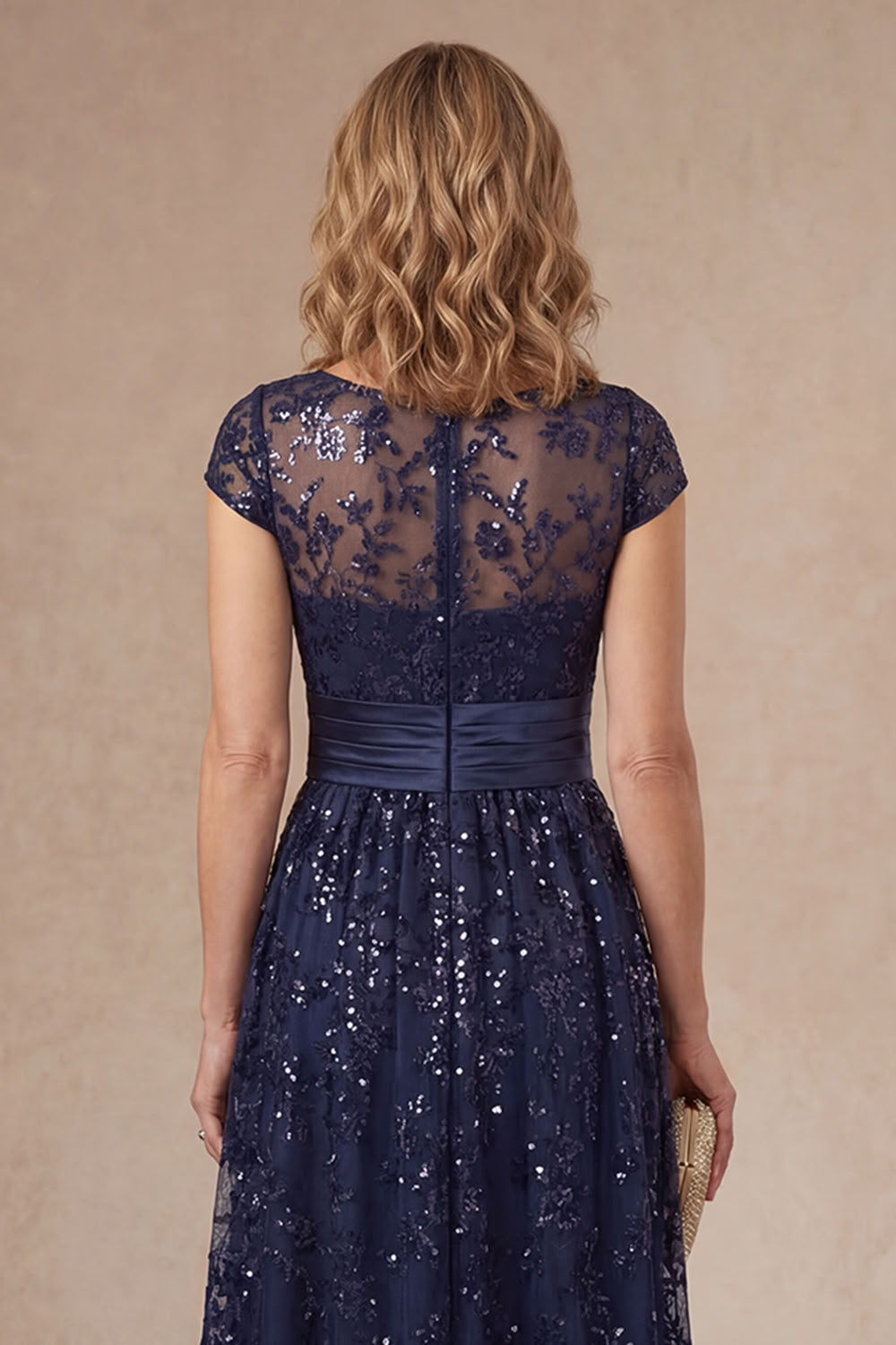 Navy Floral Appliqued Sparkly Sequined A Line Mother of the Bride Dress with Slit