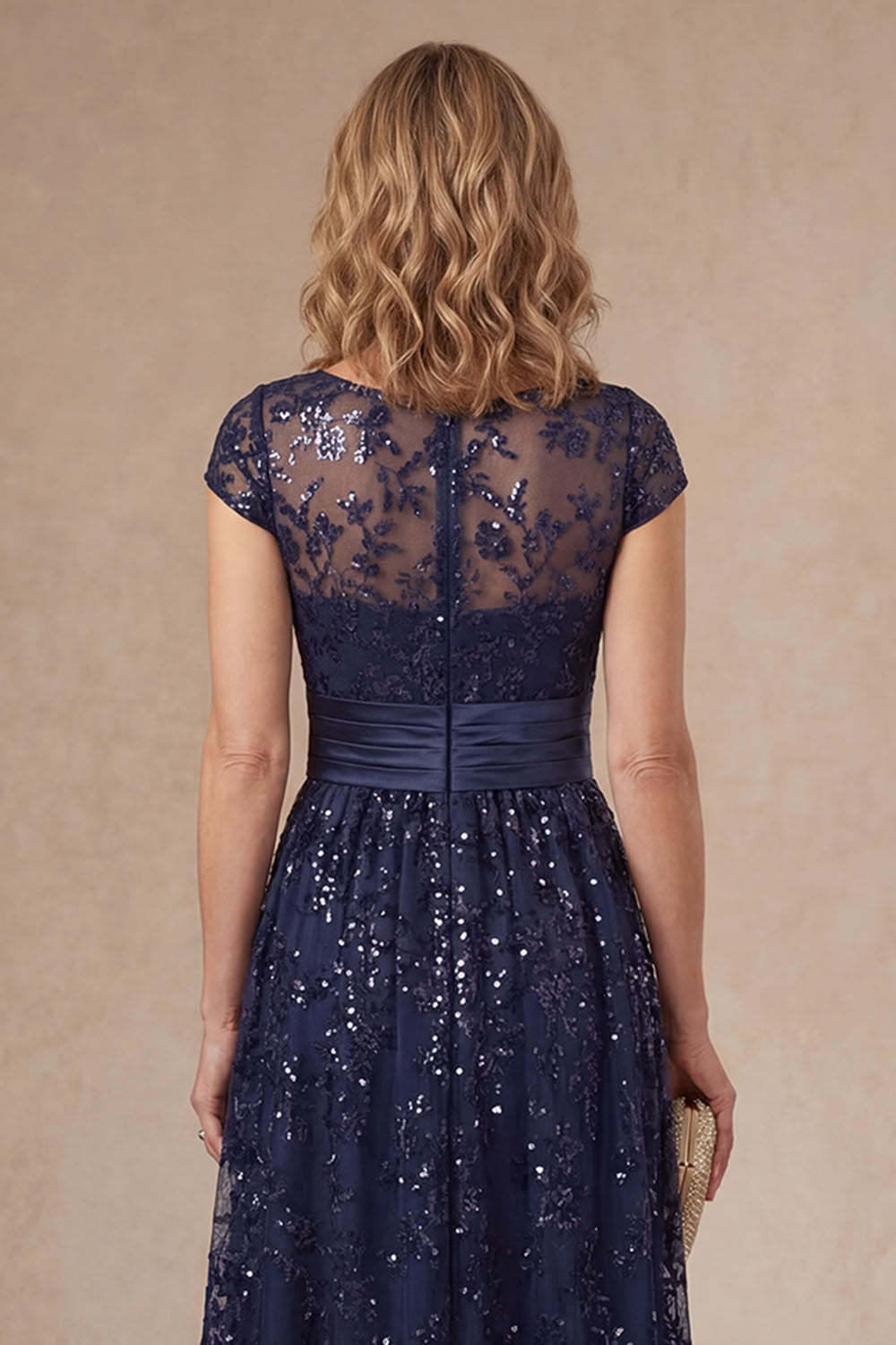 Navy Floral Appliqued Sparkly Sequined A Line Mother of the Bride Dress with Slit