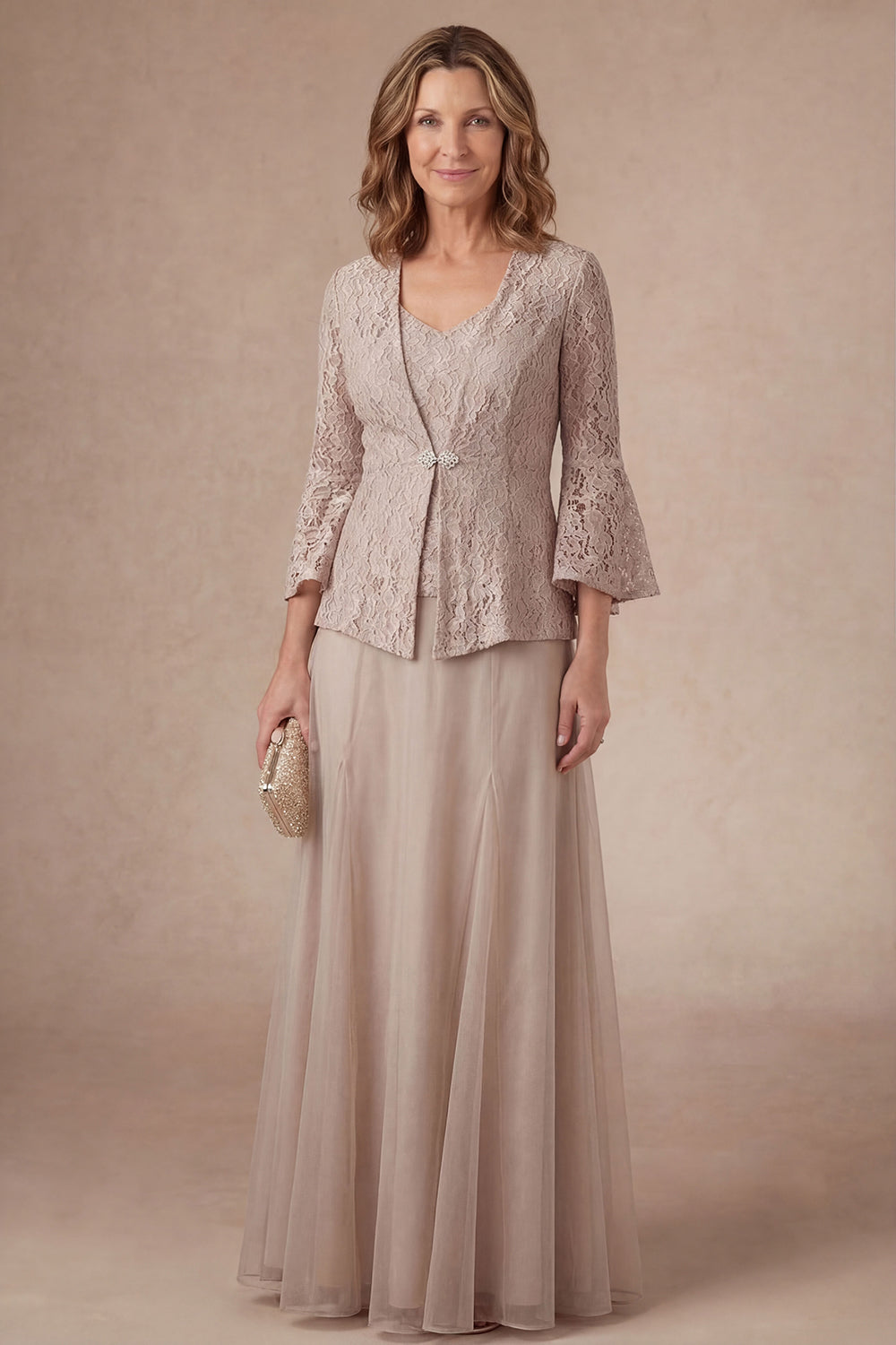 Leely Women Flutter Sleeves Appliqued A Line Champagne Long Mother of the Bride Dress Single Breasted V Neck Formal Dress