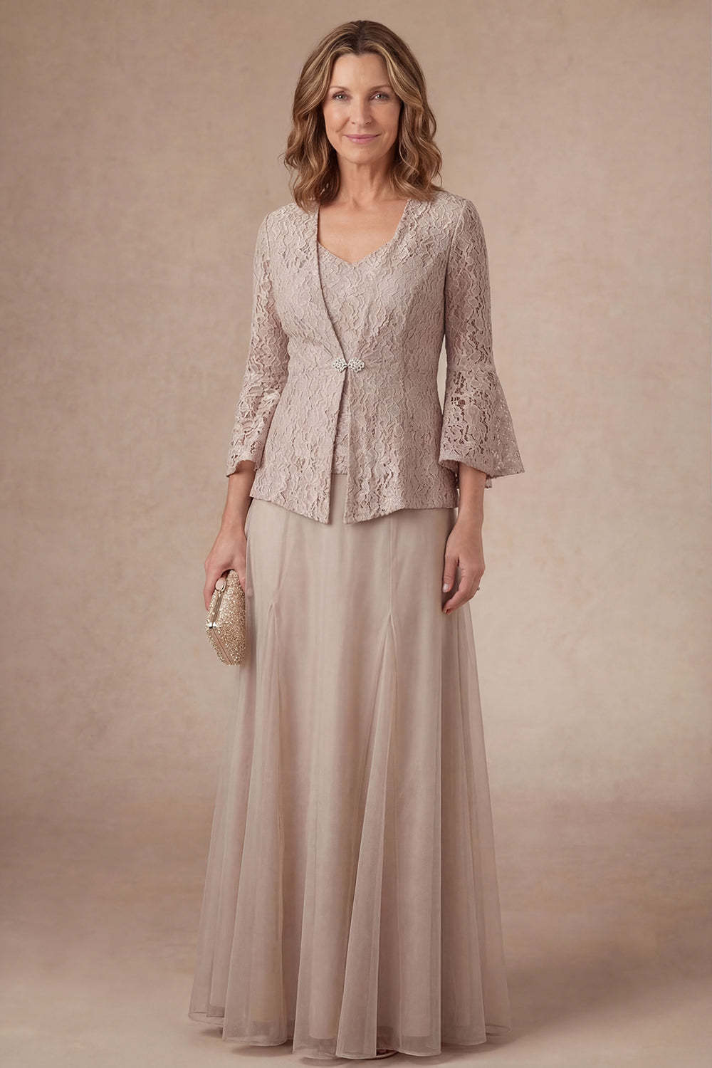 Leely Women Flutter Sleeves Appliqued A Line Champagne Long Mother of the Bride Dress Single Breasted V Neck Formal Dress