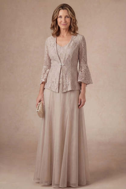 Leely Women Flutter Sleeves Appliqued A Line Champagne Long Mother of the Bride Dress Single Breasted V Neck Formal Dress