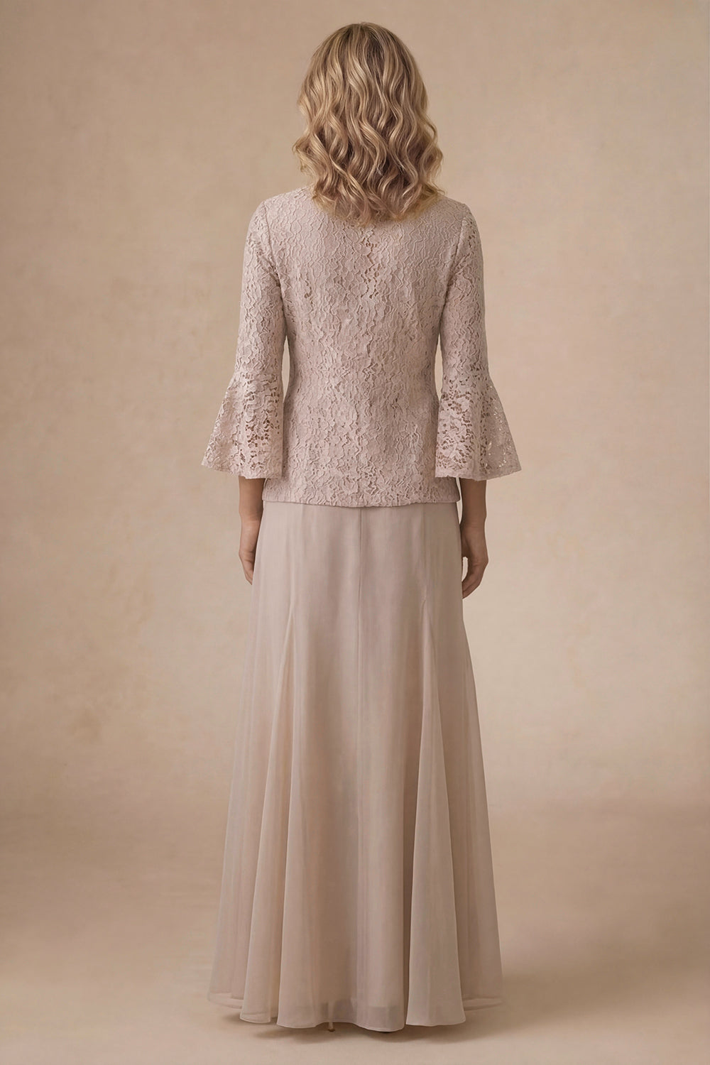 Flutter Sleeves Appliqued A Line Champagne Long Mother of the Bride Dress