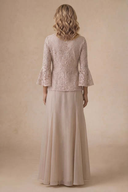 Flutter Sleeves Appliqued A Line Champagne Long Mother of the Bride Dress