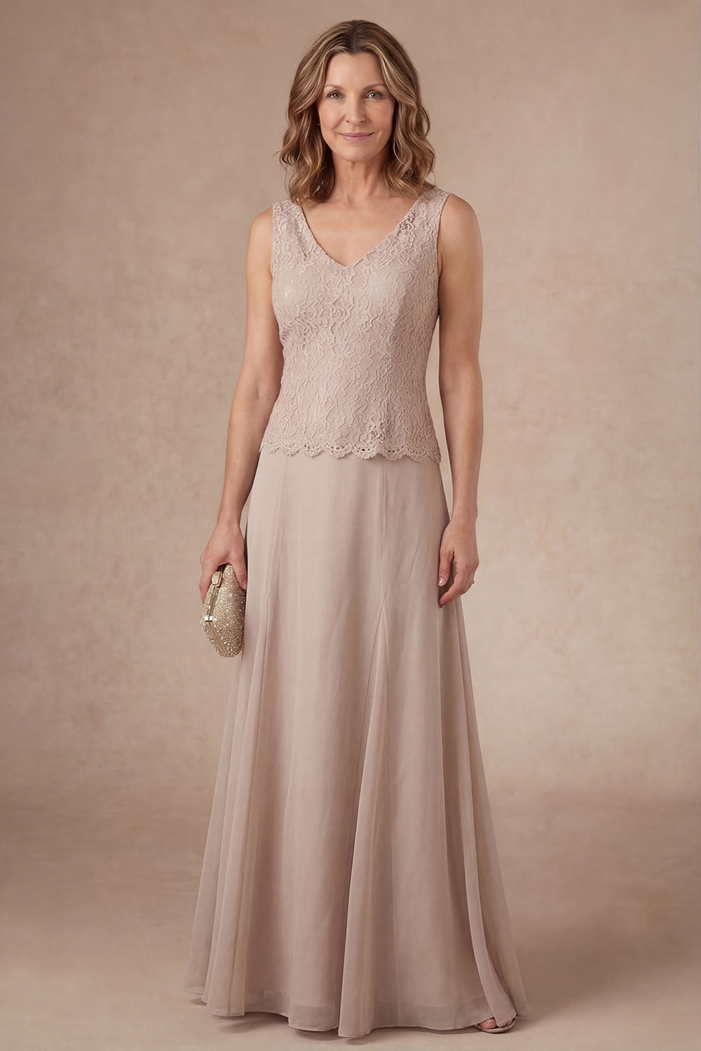 Flutter Sleeves Appliqued A Line Champagne Long Mother of the Bride Dress