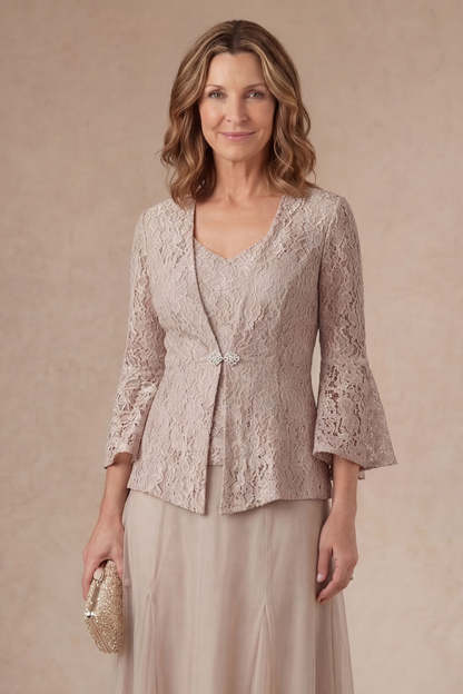 Flutter Sleeves Appliqued A Line Champagne Long Mother of the Bride Dress