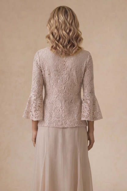 Flutter Sleeves Appliqued A Line Champagne Long Mother of the Bride Dress