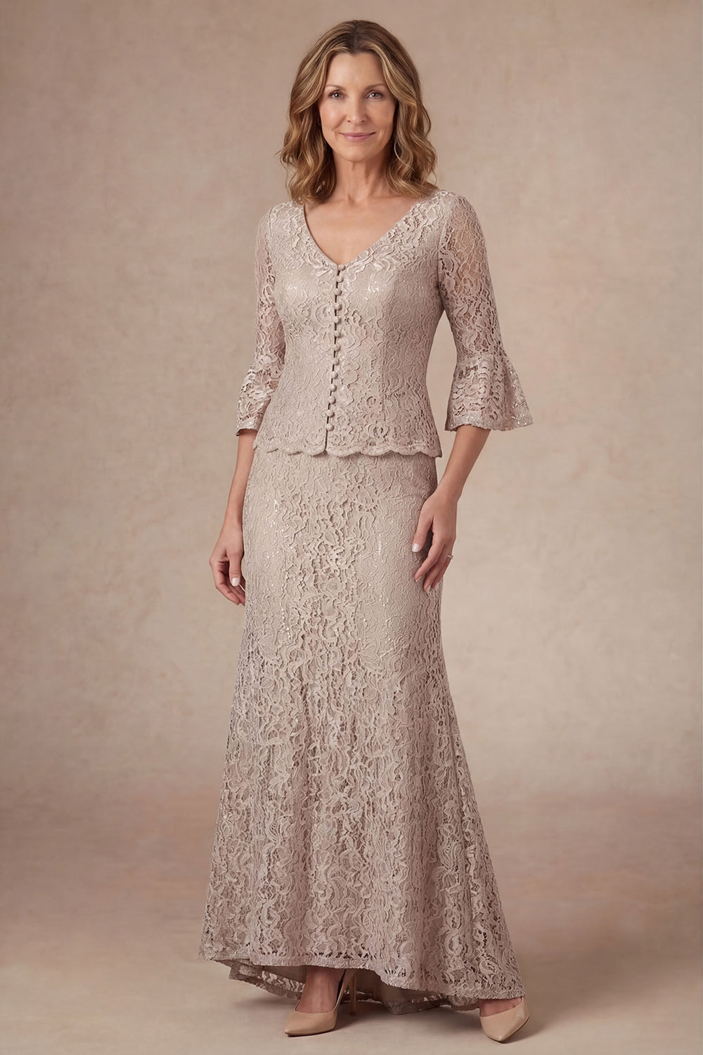 Sheath Flutter Sleeves Appliqued Champagne Long Mother of the Bride Dress