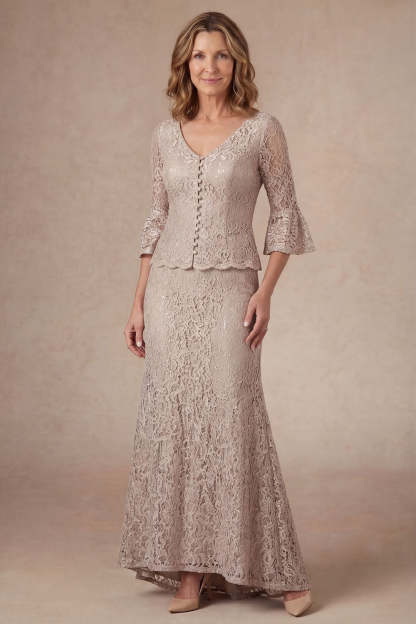 Leely Women Appliqued Sheath Champagne Long Mother of the Bride Dress Flutter Sleeves V Neck Formal Dress