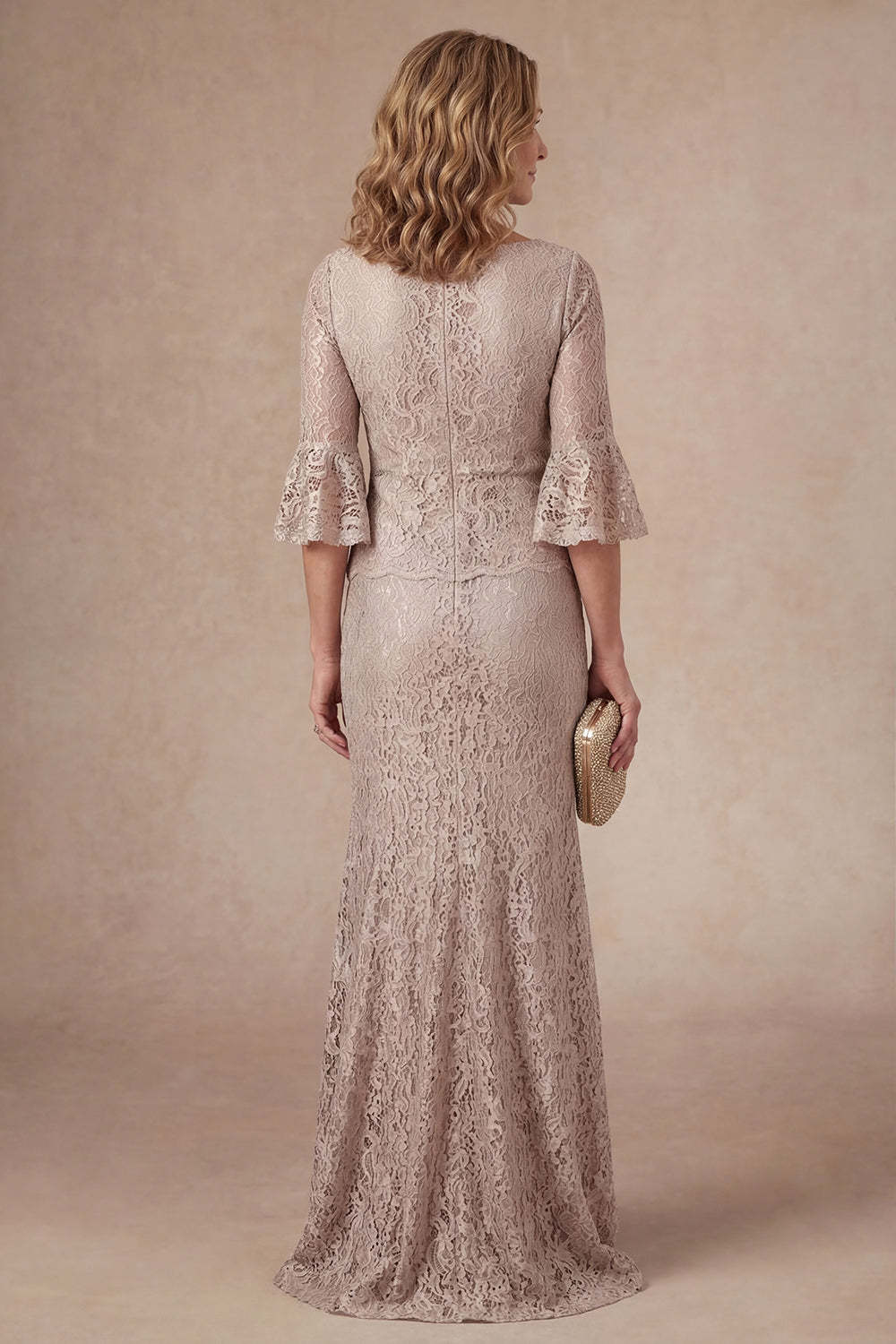 Sheath Flutter Sleeves Appliqued Champagne Long Mother of the Bride Dress