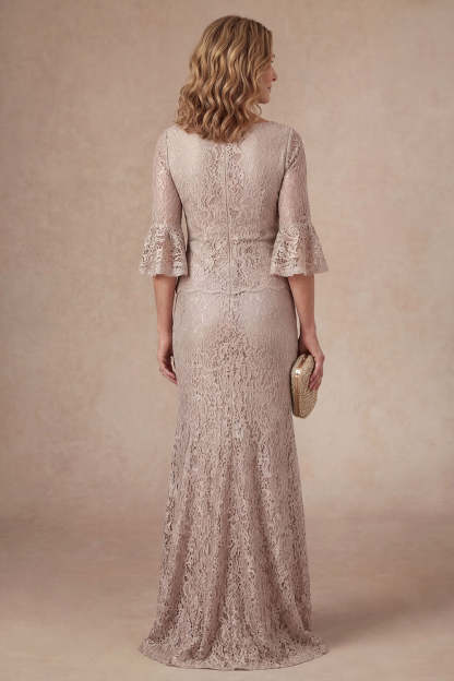 Sheath Flutter Sleeves Appliqued Champagne Long Mother of the Bride Dress
