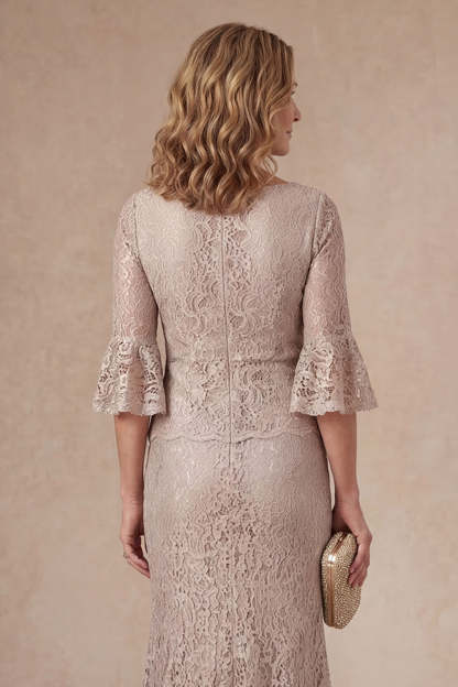 Sheath Flutter Sleeves Appliqued Champagne Long Mother of the Bride Dress