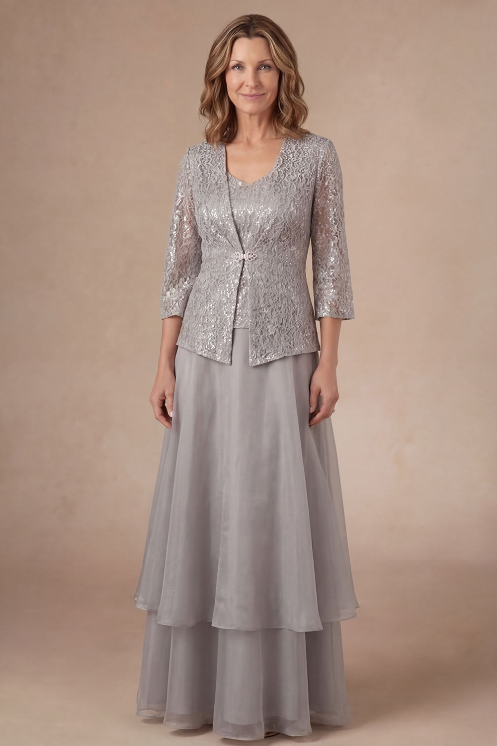 Appliqued A Line Light Grey Flutter Sleeves Long Mother of the Bride Dress