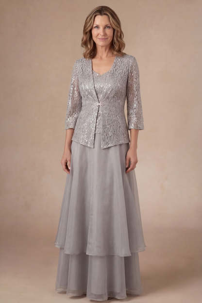 Leely Women Appliqued A Line Light Grey Long Mother of the Bride Dress Flutter Sleeves Single Breasted Formal Dress