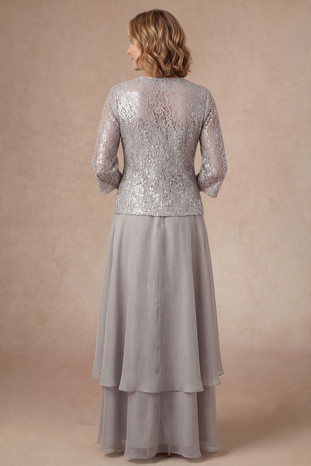 Appliqued A Line Light Grey Flutter Sleeves Long Mother of the Bride Dress