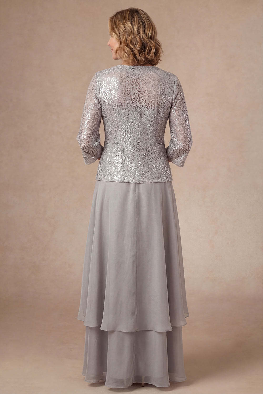 Appliqued A Line Light Grey Flutter Sleeves Long Mother of the Bride Dress