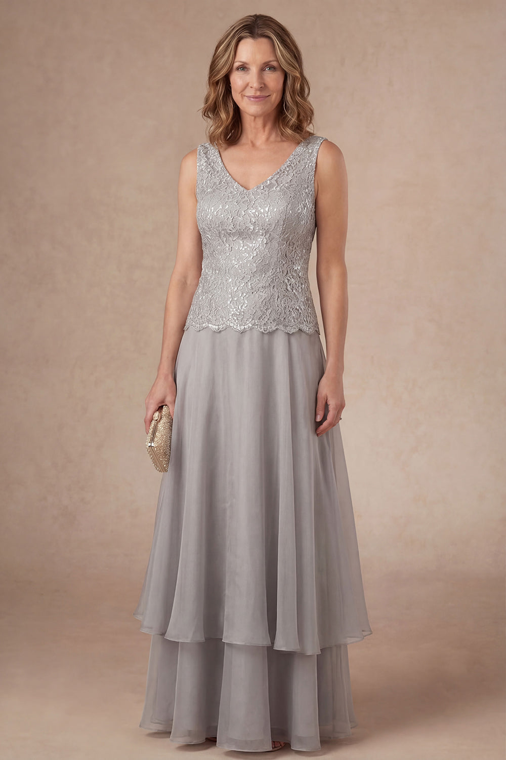 Appliqued A Line Light Grey Flutter Sleeves Long Mother of the Bride Dress