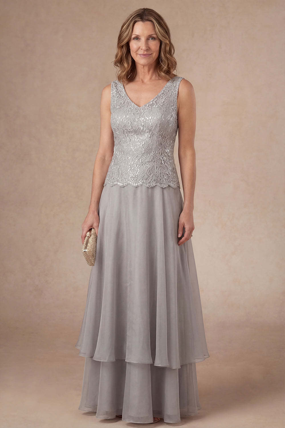Appliqued A Line Light Grey Flutter Sleeves Long Mother of the Bride Dress
