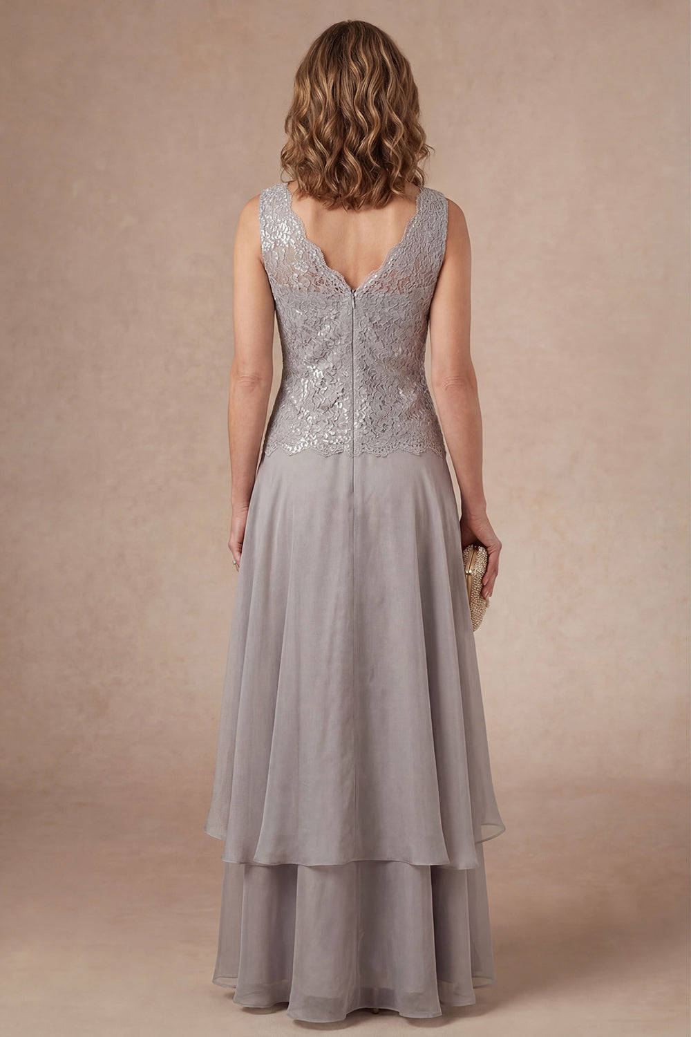 Appliqued A Line Light Grey Flutter Sleeves Long Mother of the Bride Dress