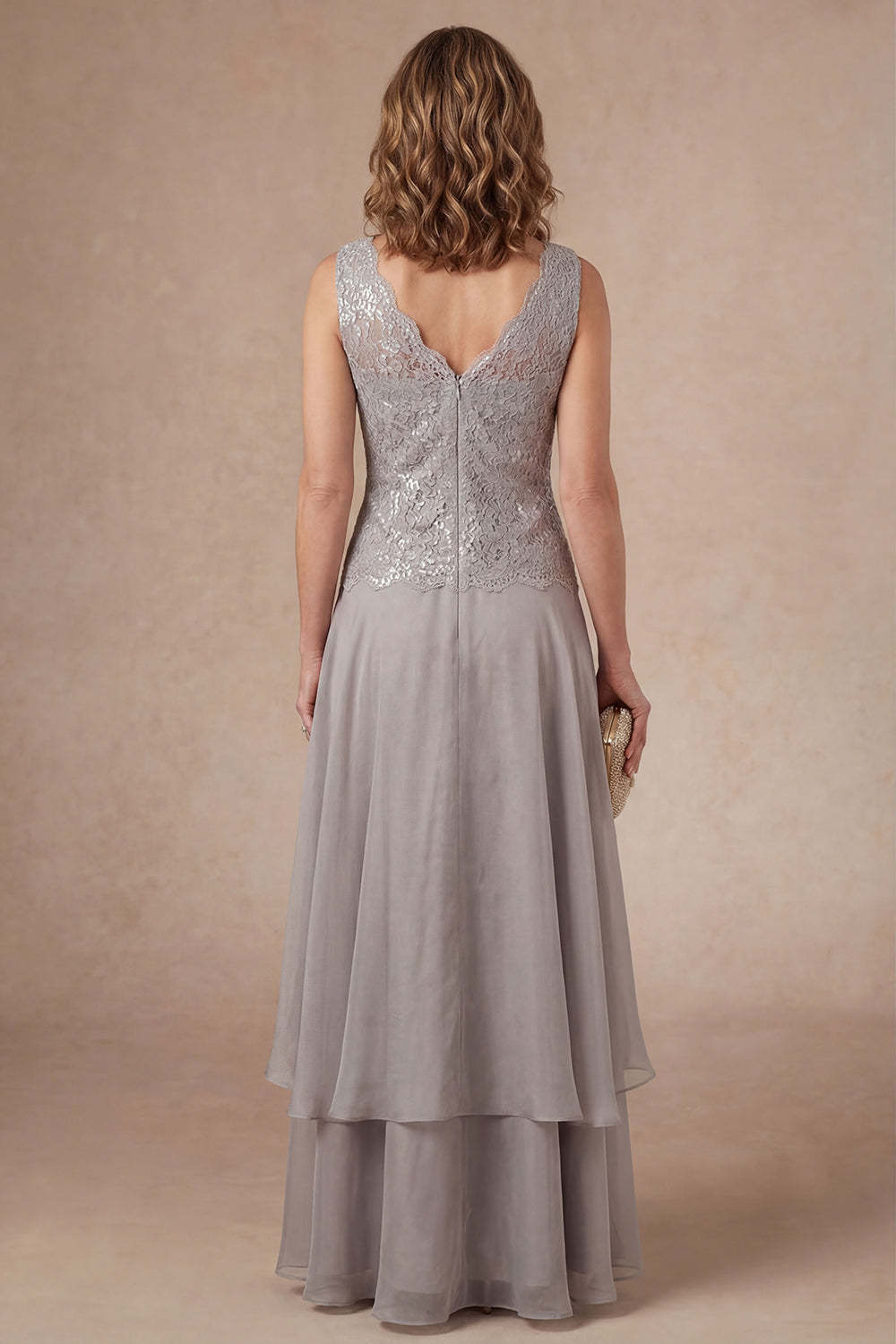 Appliqued A Line Light Grey Flutter Sleeves Long Mother of the Bride Dress