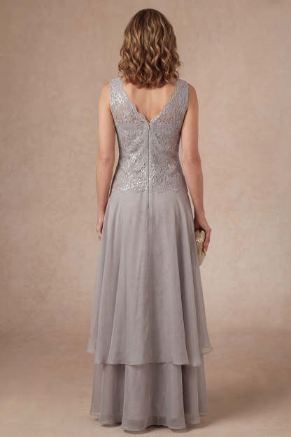 Appliqued A Line Light Grey Flutter Sleeves Long Mother of the Bride Dress