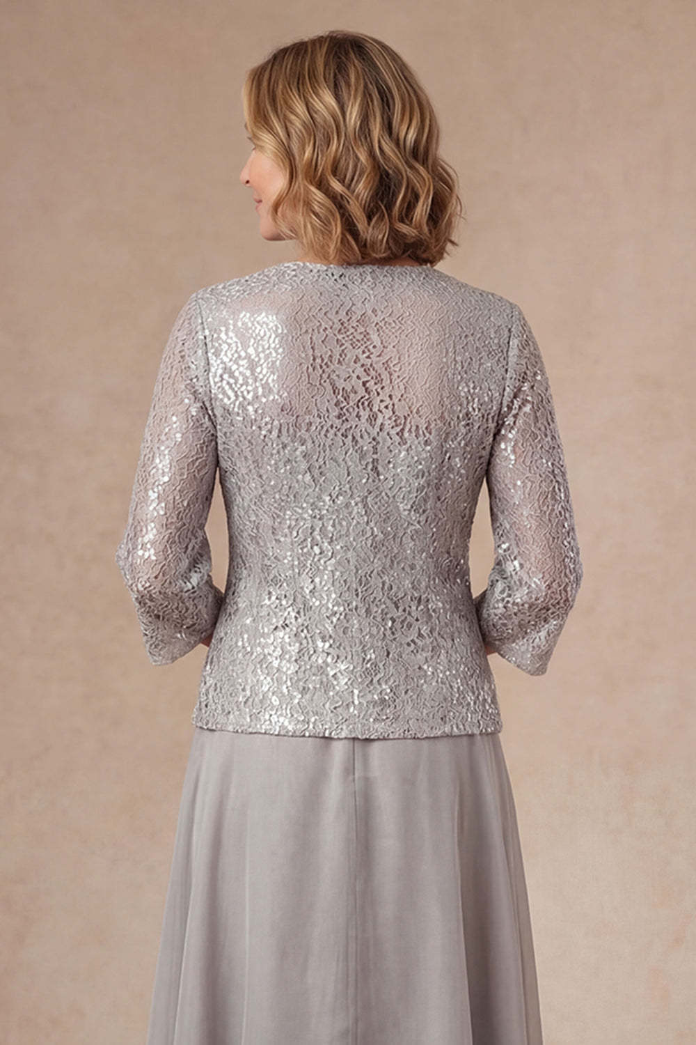Appliqued A Line Light Grey Flutter Sleeves Long Mother of the Bride Dress