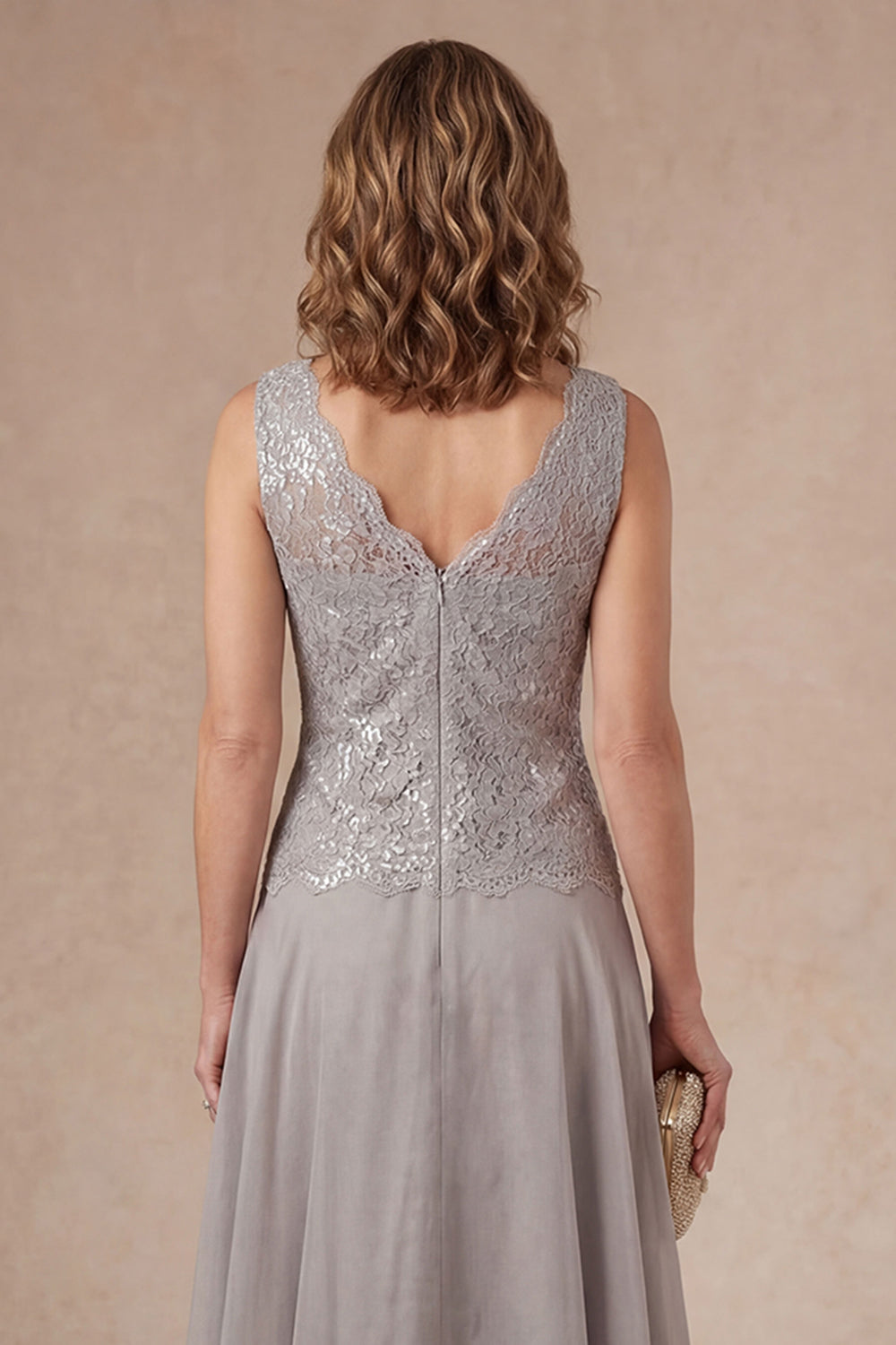 Appliqued A Line Light Grey Flutter Sleeves Long Mother of the Bride Dress