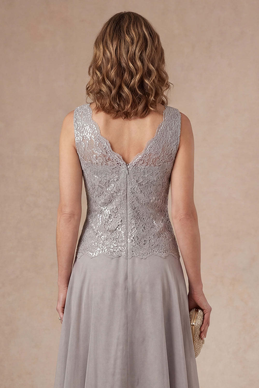 Appliqued A Line Light Grey Flutter Sleeves Long Mother of the Bride Dress
