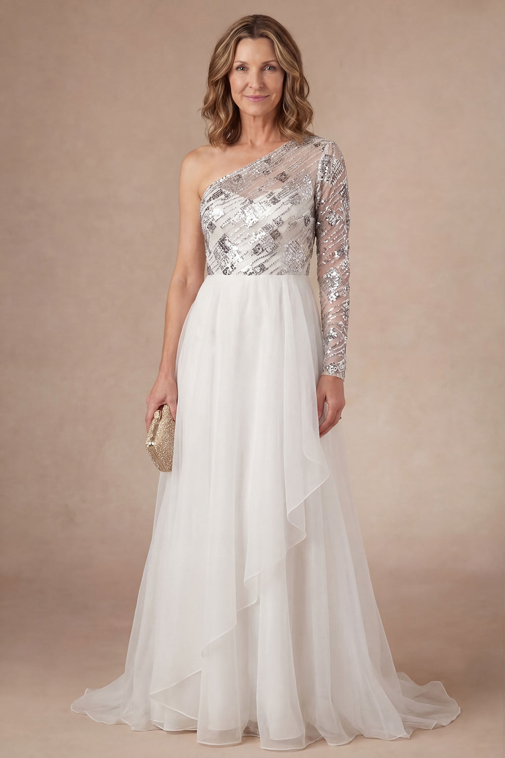 Leely Women White One Shoulder A Line Long Mother of the Bride Dress Appliqued Ruffled Backless Formal Dress