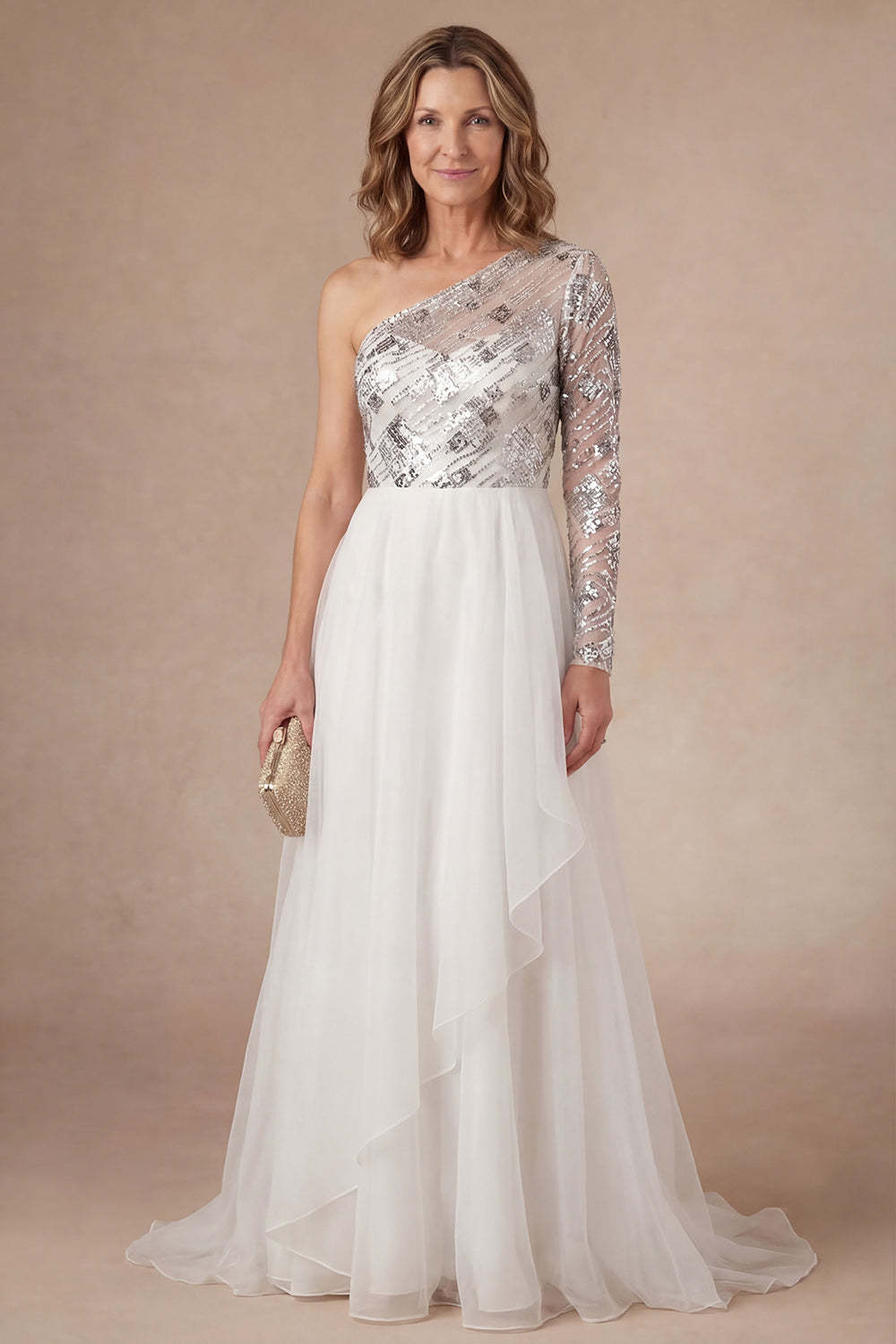 Leely Women White One Shoulder A Line Long Mother of the Bride Dress Appliqued Ruffled Backless Formal Dress