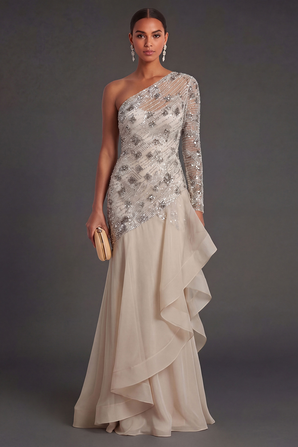 Apricot One Shoulder Ruffled Sparkly Beaded Long Formal Dress